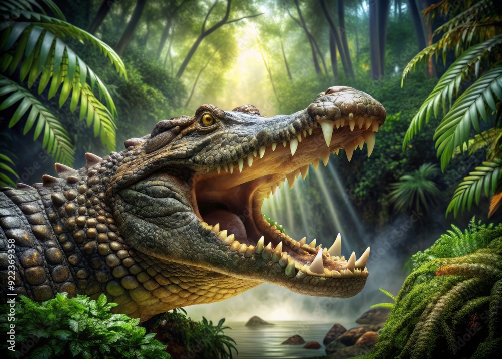 Fototapeta premium A massive crocodile displaying ferocious power, its enormous jaws wide open, revealing razor-sharp teeth, surrounded by lush greenery in a dense jungle atmosphere.