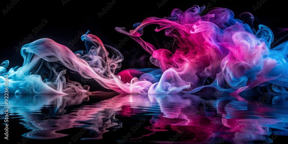 Naklejka premium Vibrant, swirling smoke tendrils in shades of pink, blue, and purple dance across the surface of water on a sleek, isolated black background.