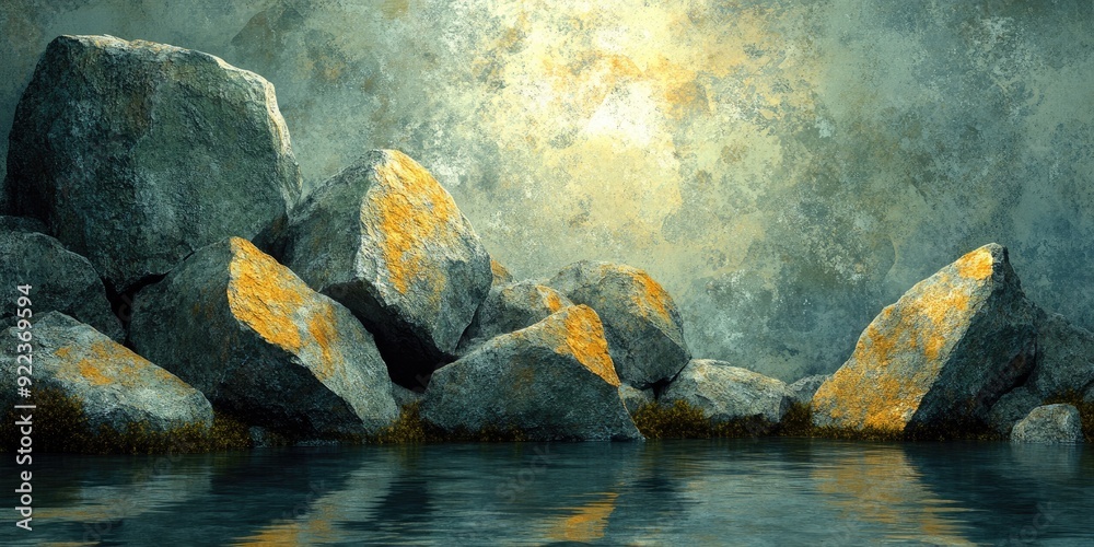 Fototapeta premium A Group of Large Rocks Covered in Yellow Algae by the Water's Edge