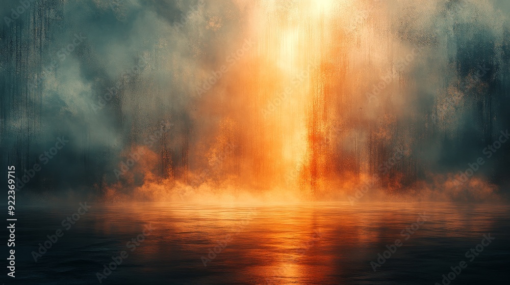 Dark empty room with smoke and orange light reflecting on water surface