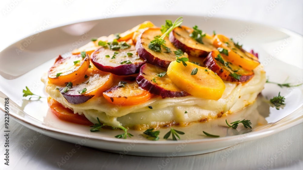 Gratinado de tubérculos con capas finas de papas y zanahorias, servido en un plato blanco y decorado con hierbas frescas. Gratinado de tubérculos con capas finas de papas y zanahorias, servido en un plato blanco y decorado con hierbas frescas.