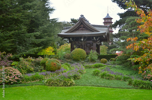 Landscape of Japanese Gateway teahouse at Kew Gardens, London, England. Japanese rock garden at Kew Gardens, London