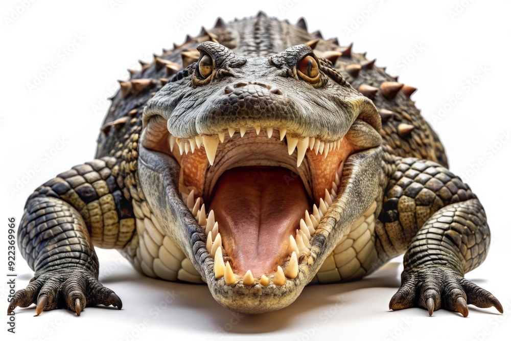 Obraz premium Fearsome crocodile with razor-sharp teeth and menacing gaze, jaws wide open, isolated on transparent background, ready to strike, in a scary predatory pose.