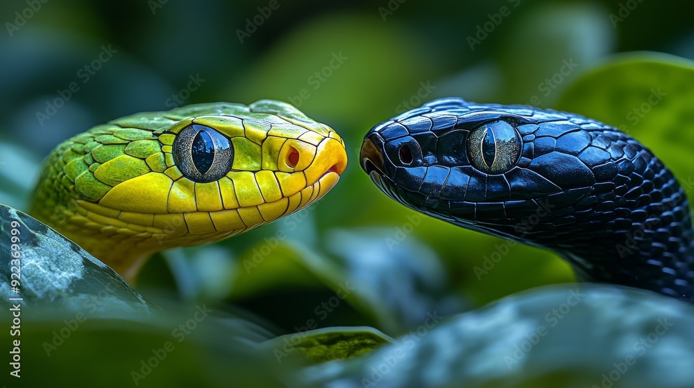 Fototapeta premium Yellow and blue snakes staring at each other in the jungle