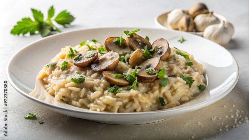 Risotto con setas y perejil fresco servido en un plato blanco con ajo en el fondo. Risotto con setas y perejil fresco servido en un plato blanco con ajo en el fondo.