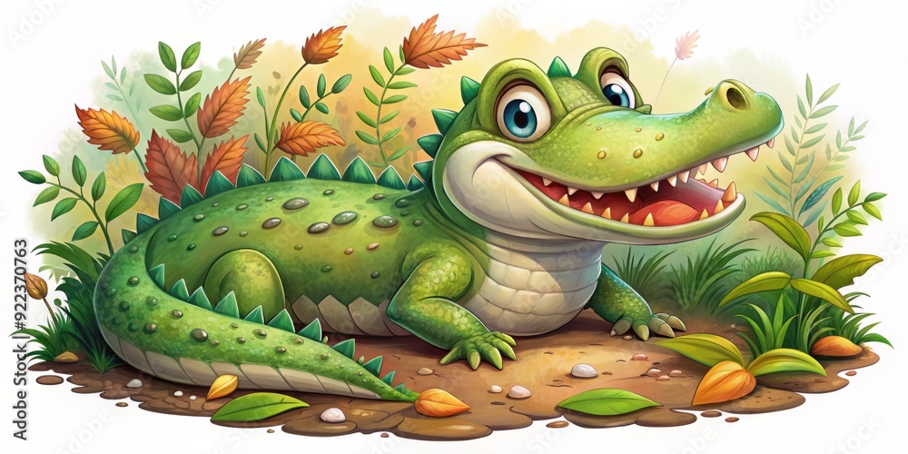 Fototapeta premium Colorful illustration of a smiling alligator in a fun, cartoon style, surrounded by leaves and vines, with a playful expression and shiny scales.
