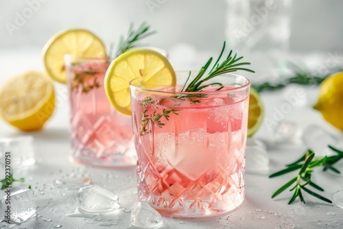 Pink lemonade with lemon slices and rosemary in crystal glasses