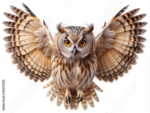 A majestic solitary owl with soft feathers and piercing eyes spreads its wide wings, isolated on a pure white background, exuding wisdom and nocturnal mystery. photo