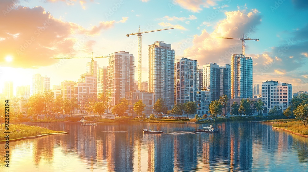 Fototapeta premium A thriving urban development scene with modern high-rise apartments, construction cranes, and real estate agents closing deals, reflecting the real estate sector's contribution to GDP.