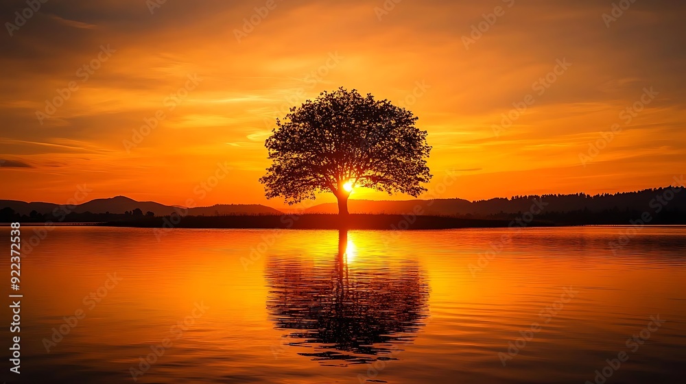 Silhouette of a Tree at Sunset Over a Lake - A Beautiful Landscape Photograph Silhouette of a Tree at Sunset Over a Lake - A Beautiful Landscape Photograph