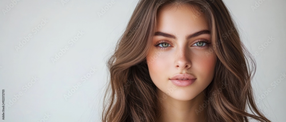 Naklejka premium Portrait of a Woman with Long Brown Hair and Green Eyes