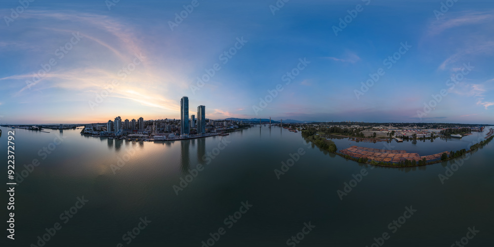 360 VR Modern City by river at sunset twilight. New Westminster, Vancouver, BC, Canada. 360 VR Modern City by river at sunset twilight. New Westminster, Vancouver, BC, Canada.