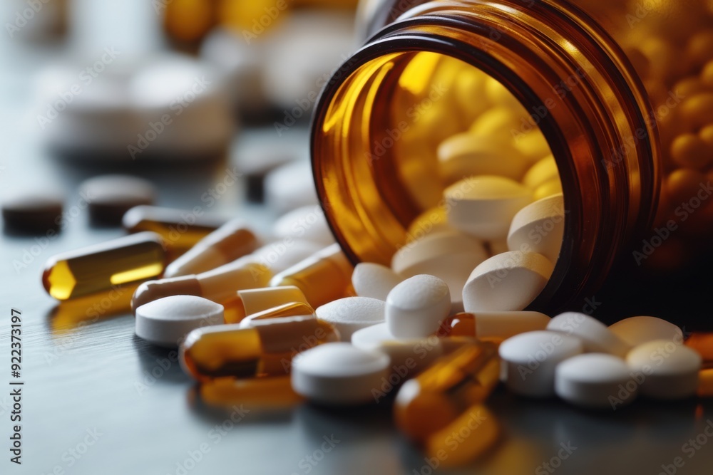 A pill bottle spilling out capsules and tablets, representing the pharmaceutical industry and modern medicine A pill bottle spilling out capsules and tablets, representing the pharmaceutical industry and modern medicine