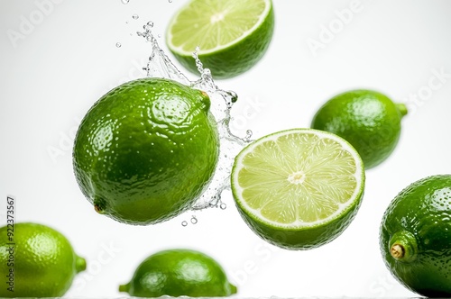 Dynamic shot of whole limes and lime slices with water splashes on a light background The image captures the freshness and juicy texture of the fruit