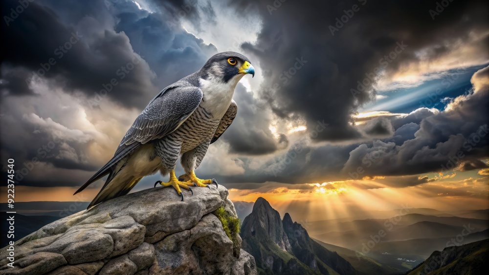 Fototapeta premium Majestic peregrine falcon perches on rugged cliff edge, exuding power and intensity amidst dramatic slate-gray lighting and moody cloud cover on a stormy afternoon.
