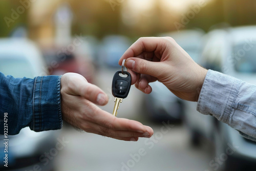 Used Car Purchase or Rental: Close-Up of Car Key Handed to Client by Agent