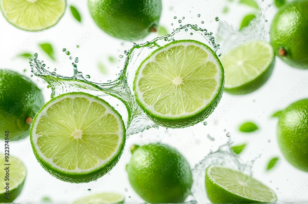 Dynamic composition of fresh limes and lime slices with water splashes and green leaves, creating a vibrant and refreshing look on a white background Dynamic composition of fresh limes and lime slices with water splashes and green leaves, creating a vibrant and refreshing look on a white background