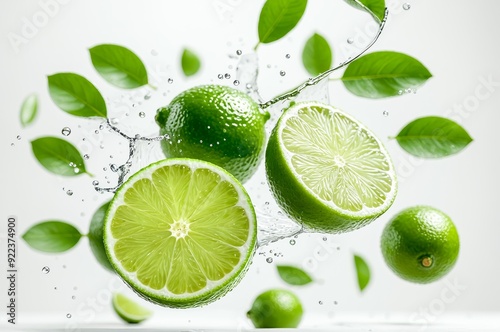 Bright green lime slices and whole limes appear to float with water splashes, surrounded by fresh green leaves The composition creates a refreshing and lively visual