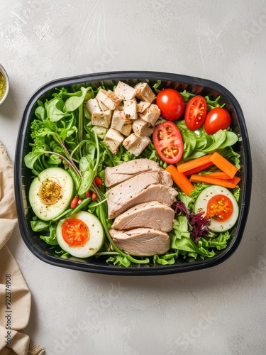 A fresh and healthy salad in a black container featuring sliced chicken breast, avocado halves, boiled eggs, cherry tomatoes, cucumber slices, and mixed greens, perfect for a nutritious meal