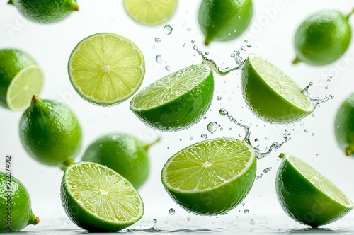 Close up of lime slices and whole limes with water splashes on a white background The vibrant green color and juicy texture emphasize the freshness of the fruit