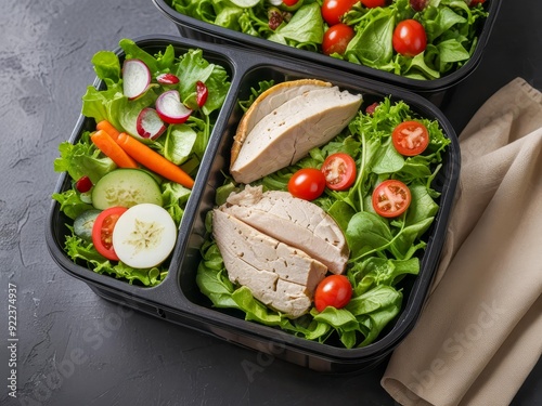 Nutritious lunch salad in a black container with chicken breast slices, cherry tomatoes, radishes, cucumber, and mixed greens Ideal for a balanced and healthy meal