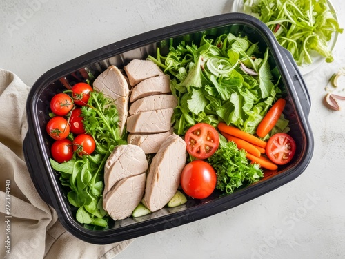 A healthy salad with chicken breast, cherry tomatoes, carrots, cucumber slices, and mixed greens in a black container, perfect for a light and nutritious meal