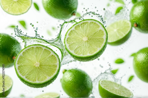 Dynamic composition of fresh limes and lime slices with water splashes and green leaves, creating a vibrant and refreshing look on a white background