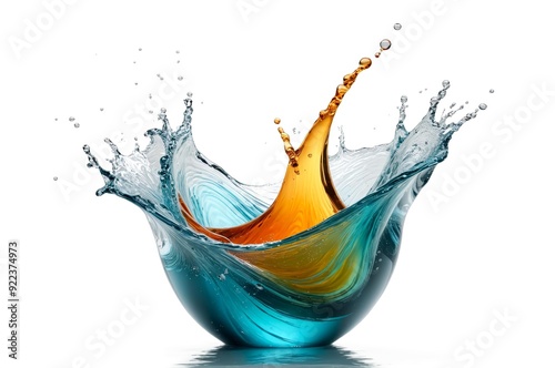 Water splash featuring vibrant blue and orange liquid, creating a striking contrast against a white background The fluid motion and vivid colors evoke a sense of energy and freshness