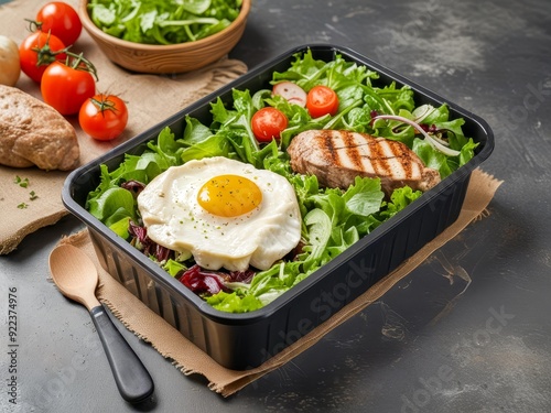 Delicious salad with grilled chicken, a fried egg, cherry tomatoes, and mixed greens in a black container Ideal for a healthy and satisfying meal