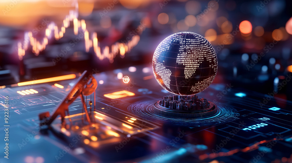 Fototapeta premium A digital hologram of a globe with oil wells and financial symbols floating around it, symbolizing the global significance and economic impact of oil investments.