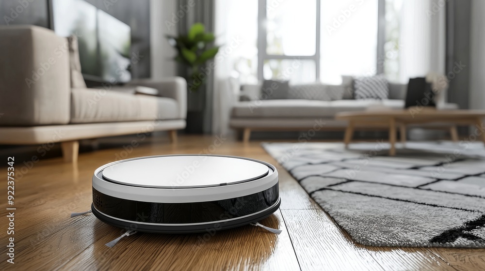 Robot Vacuum Cleaner in Action: A robot vacuum cleaner actively cleaning a modern living room Robot Vacuum Cleaner in Action: A robot vacuum cleaner actively cleaning a modern living room