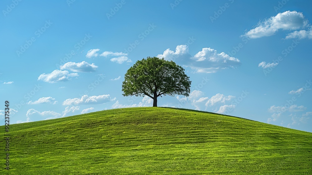 Obraz premium A solitary ash tree on a bright green hill under a clear sky with scattered clouds, symbolizing solitude and peace.