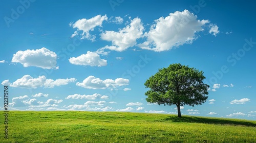 A solitary elm tree on a rolling green meadow under a bright sky with scattered clouds, symbolizing peace and solitude.