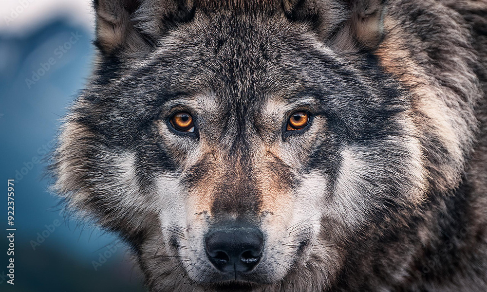 Close-up Big gray wolf eyes wild anger portrait Close-up Big gray wolf eyes wild anger portrait