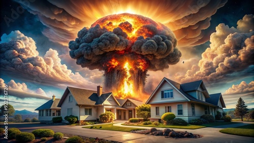 Vibrant digital art depiction of a massive nuclear mushroom cloud explosion erupting from a suburban house, surrounded by a swirling vortex of fiery debris and energy.