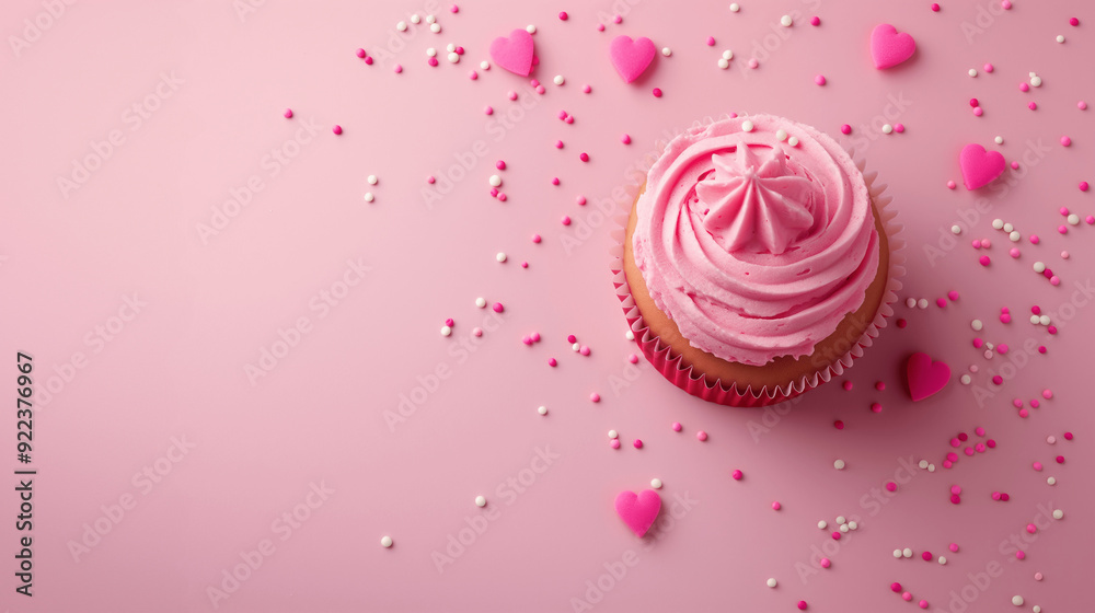 Pink cupcake with heart-shaped sprinkles on a matching pink background Pink cupcake with heart-shaped sprinkles on a matching pink background