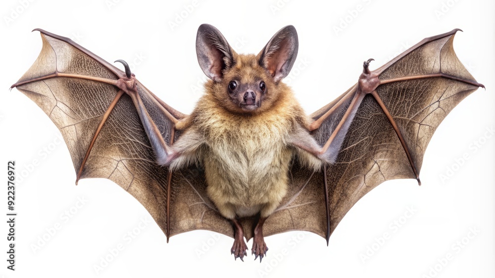 Obraz premium Isolated against a pure white background, a bat in full body view showcases its intricate fur texture and delicate wing veins in stunning high-resolution clarity.