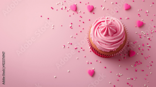 Pink cupcake with heart-shaped sprinkles on a matching pink background