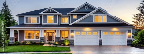 A large two-story house with three garages, showcasing the exterior of American houses in Washington State at dusk