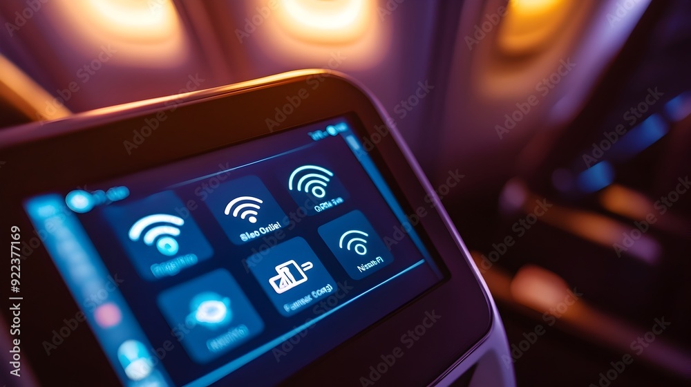 Obraz premium Close-up View of In-Flight Digital Connectivity Screen Showing Available WiFi Networks and Options