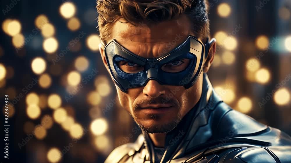 A city hero stands resolute under vibrant lights, ready to protect the innocent at dusk in a bustling urban landscape A city hero stands resolute under vibrant lights, ready to protect the innocent at dusk in a bustling urban landscape