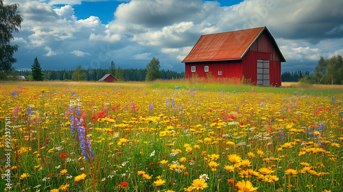 Barn surrounded by a colorful field in Southern Finland in mid summer