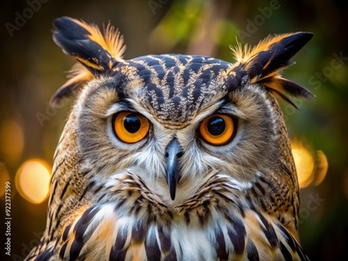 A majestic owl with piercing black eyes, distinctive ear tufts, and a sharp, hooked beak gazes intensely, its soft feathered face a picture of wisdom. photo