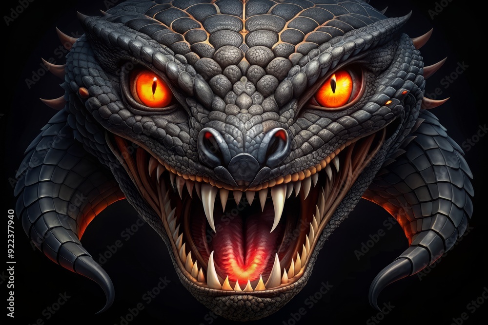 Menacing black serpent logo with fiery eyes and open jaws, revealing sharp fangs, isolated on a dark background, exuding danger and fearlessness. Menacing black serpent logo with fiery eyes and open jaws, revealing sharp fangs, isolated on a dark background, exuding danger and fearlessness.