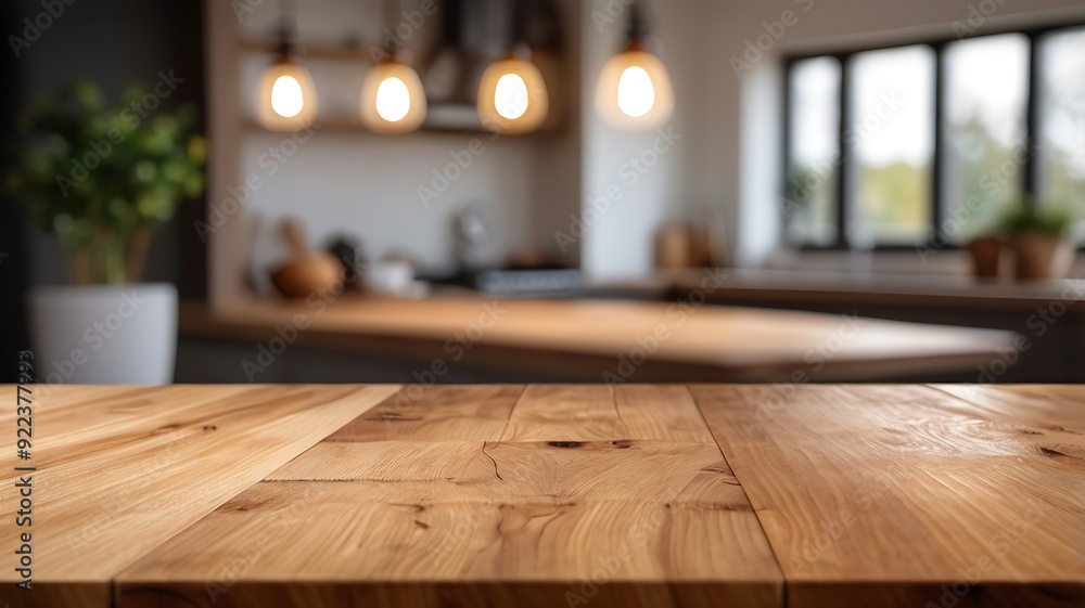 blurred modern kitchen background with copy space and an empty wood table blurred modern kitchen background with copy space and an empty wood table