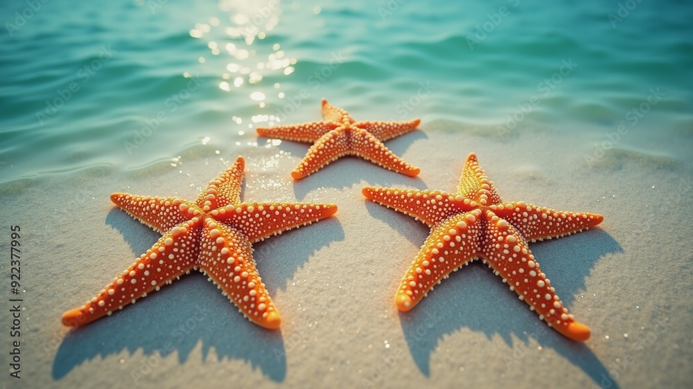 Three Vibrant Starfish on Sandy Beach, Close-up of three bright orange starfish resting on a light beige sandy beach with the ocean water in the background. Three Vibrant Starfish on Sandy Beach, Close-up of three bright orange starfish resting on a light beige sandy beach with the ocean water in the background.