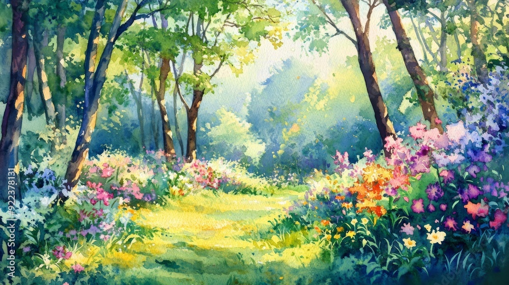Beautiful spring landscape with blooming flowers illuminating the forest path Beautiful spring landscape with blooming flowers illuminating the forest path