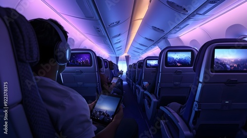 Airplane Cabin With Travelers Seamlessly Streaming Movies and Gaming on Devices Amid Ultrafast
