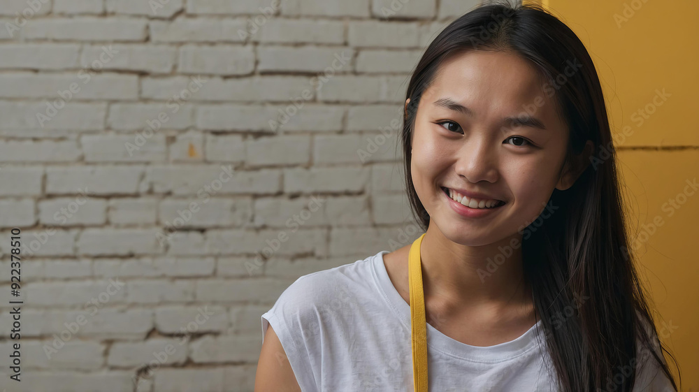 Cheerful young girl smiles warmly while posing against textured wall Cheerful young girl smiles warmly while posing against textured wall