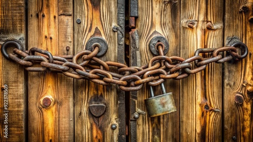 A heavy chain wraps securely around a old wooden door, padlocked in place, conveying a sense of restriction, isolation, and forbidden access.